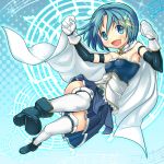  1girl :d armband belt blue_eyes blue_hair cape gloves hair_ornament hairclip highres magic_circle magical_girl mahou_shoujo_madoka_magica mahou_shoujo_madoka_magica_movie miki_sayaka musical_note open_mouth pt@i short_hair smile solo soul_gem thigh-highs zettai_ryouiki 