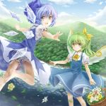  2girls af-henrytz barefoot basket bloomers blue_dress blue_eyes blue_hair blue_sky bow cirno clouds daiyousei dress fairy_wings flower flying_sweatdrops forest green_eyes green_hair hair_bow highres ice ice_wings lake looking_at_viewer looking_back mountain multiple_girls nature open_mouth outstretched_arms puffy_sleeves shirt short_sleeves side_ponytail sky smile touhou turning underwear wings 
