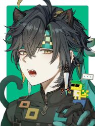  ... 1boy absurdres ajaw_(genshin_impact) animal_ears black_hair cat_boy cat_ears cat_tail claw_pose commentary_request crossed_bangs ear_piercing earrings fangs genshin_impact gloves green_hair headband highres jewelry kemonomimi_mode kinich_(genshin_impact) koumimi looking_at_viewer male_focus multicolored_hair open_mouth piercing simple_background spoken_ellipsis tail yellow_eyes 