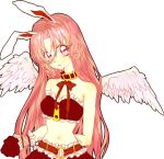  1girl angel_wings animal_ears arm_behind_back bare_shoulders bowtie choker feathered_wings full_moon_wo_sagashite gloves head_tilt meroko_yui midriff no_hat parted_lips pink_eyes pink_hair rabbit_ears ribbon solo white_background wings wrist_cuffs yoshika_(draw-happy-picture) 