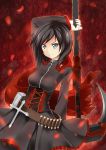  1girl absurdres boots cape catstudioinc_(punepuni) cross highres pantyhose petals redhead rose_petals ruby_(rwby) rwby scythe short_hair skirt smile solo weapon 