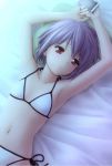  1girl akahige bed bikini brown_eyes dark flat_chest grey_hair lying nagato_yuki on_bed side-tie_bikini solo suzumiya_haruhi_no_shoushitsu suzumiya_haruhi_no_yuuutsu swimsuit 