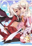  2girls blush bridal_gauntlets dark_skin fate/kaleid_liner_prisma_illya fate_(series) hug illyasviel_von_einzbern kuro_(fate/kaleid_liner) long_hair magical_girl midriff multiple_girls nora-toro open_mouth prisma_illya red_eyes silver_hair smile staff sword tears violet_eyes weapon white_hair yuri 