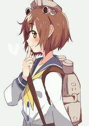  1girl blush brown_eyes brown_hair finger_to_mouth kantai_collection looking_at_viewer personification profile school_uniform seed_teitoku serafuku short_hair yukikaze_(kantai_collection) 