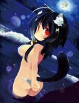  1girl animal_ears bikini black_hair blush breasts cat_ears cat_tail full_moon large_breasts long_hair looking_at_viewer looking_back moon original paprika_shikiso partially_submerged red_eyes sideboob solo swimsuit tail white_bikini white_swimsuit 