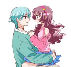  1boy 1girl bare_shoulders biwako_(biwa27) blush couple denim denim_skirt facing_to_the_side green_eyes green_hair green_shirt hands_on_another's_ass hands_on_another's_chest headband hibiki_kaito jaw jawbone kimi_to_idol_precure long_hair long_sleeves looking_at_another mature_male nervous nervous_sweating parted_bangs precure red_eyes ribbon sakura_uta_(precure) shirt short_hair sitting sitting_on_lap sitting_on_person skirt sweat sweatdrop upper_body 