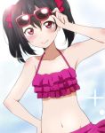  1girl black_hair blush bow frilled_swimsuit frills hair_bow halterneck hand_on_hip ikari_manatsu looking_at_viewer love_live!_school_idol_project navel red_eyes smile solo sunglasses sunglasses_on_head swimsuit twintails yazawa_nico 