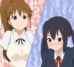  2girls apron black_hair blush breast_envy breasts brown_eyes brown_hair crossover k-on! long_hair multiple_girls nakano_azusa ponytail school_uniform shizupu skirt taneshima_popura twintails waitress working!! 