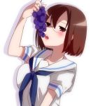  1girl blush brown_eyes brown_hair eating food fruit glasses grapes hiyo_kotori saki shibuya_takami short_hair 