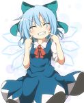  1girl blue_dress blue_hair bow cirno closed_eyes do_(4-rt) dress gloves grin hair_bow highres ice ice_wings pointing pointing_at_self puffy_sleeves shirt short_sleeves simple_background smile solo touhou wings 