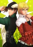  2boys adjusting_clothes adjusting_hat apple_brk barnaby_brooks_jr barnaby_brooks_jr_(cosplay) belt blonde_hair blue_eyes brown_hair cabbie_hat caesar_anthonio_zeppeli cosplay facial_mark glasses green_eyes hat jacket jojo_no_kimyou_na_bouken joseph_joestar_(young) kaburagi_t_kotetsu kaburagi_t_kotetsu_(cosplay) multiple_boys parody red_jacket studded_belt tiger_&amp;_bunny vest 