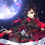  1girl black_hair cape cross fi-san full_moon highres moon open_mouth pantyhose petals rose_petals ruby_(rwby) rwby scythe short_hair skirt snow solo weapon 