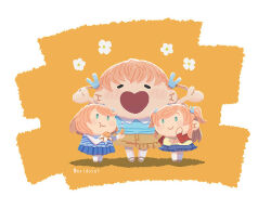  3girls :> :d :t aqua_eyes arms_up asymmetrical_shorts blue_shirt blue_skirt blush border brown_shoes chibi chibi_only child collared_shirt crossed_bangs eating flower_symbol food frilled_shorts frilled_skirt frills fruit full_body hair_ornament heart-shaped_mouth hinoshita_futaba hinoshita_kaho hinoshita_kaho_(summer_casual) hinoshita_minori holding holding_food holding_fruit link!_like!_love_live! love_live! mandarin_orange mandarin_orange_slice medium_hair meidosan multiple_girls orange_background orange_hair pleated_skirt rabbit_hair_ornament raglan_sleeves red_sleeves shirt shoes shorts siblings sisters skirt smile socks striped_clothes striped_shirt swept_bangs twins twitter_username two_side_up virtual_youtuber white_border white_socks yellow_shirt 