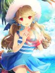  1girl ball blonde_hair dress flower hair_ribbon happy hat highres long_hair ocean original red_eyes ribbon sky solo sorolp twintails 