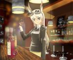  1girl alcohol animal_ears bar bar_stool blue_eyes bottle character_name cup goggles goggles_on_head hanna-justina_marseille head_wings indoors joyz2008 leather_jacket liquor long_hair looking_at_viewer military military_uniform picture_(object) solo stool strike_witches toast_(gesture) uniform wine_glass 