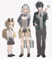  1boy 2girls ajaw_(genshin_impact) alternate_costume animal_ears backpack bag bandaid black_hair black_shoes blue_hair blue_hairband blue_jacket bow bowtie brown_hair clothes_around_waist commentary_request full_body genshin_impact green_hair green_jacket grey_pants grey_skirt hair_ornament hairband hairclip hat headband highres jacket kachina_(genshin_impact) kinich_(genshin_impact) koumimi long_sleeves mualani_(genshin_impact) multicolored_hair multiple_girls necktie pants randoseru school_bag shirt shoes skirt socks standing suspender_skirt suspenders tan watch watch white_hair white_shirt 