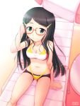  1girl bikini black_eyes black_hair chair chousoku_henkei_gyrozetter female glasses highres long_hair lounge_chair miwa_satori navel red-framed_glasses solo swimsuit yoshi_(crossmind) 