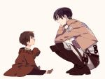  2boys adult bangoul black_hair boots brown_hair child eren_jaeger jacket levi_(shingeki_no_kyojin) multiple_boys shingeki_no_kyojin time_paradox young 