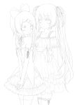  2girls hatsune_miku highres kagamine_rin lineart long_hair looking_at_viewer m-goldfish monochrome multiple_girls ribbon short_hair thigh-highs twintails vocaloid 