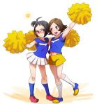  2boys :&gt; @@@ ahoge black_eyes black_hair blush brown_eyes brown_hair cheerleader cheren_(pokemon) crossdressinging glasses hair_ornament hairclip male multiple_boys pokemon pokemon_(game) pokemon_bw shirt short_hair short_shorts shorts skirt socks speech_bubble spoken_squiggle squiggle touya_(pokemon) trap 