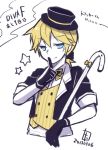  1boy blonde_hair blue_eyes cane dated finger_to_mouth gloves hat kagamine_len looking_at_viewer project_diva short_hair simple_background smile solo star tamura_hiro translation_request vocaloid white_background 