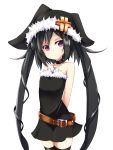  1girl amano_kouki belt black_hair black_legwear choker cross flat_chest hat long_hair looking_at_viewer note-chan original simple_background solo thigh-highs twintails very_long_hair violet_eyes white_background 