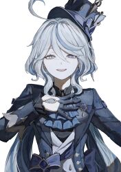  1girl absurdres ahoge ascot back_bow black_gloves black_shirt blue_ascot blue_bow blue_eyes blue_gemstone blue_hair blue_hat blue_jacket blue_sash bow commentary_request drop-shaped_pupils furina_(genshin_impact) gem genshin_impact gloves hand_on_own_chest hand_up hat hat_bow hat_ornament heterochromia highres jacket koumimi lapels long_hair long_sleeves looking_at_viewer low_twintails mismatched_pupils multicolored_hair open_clothes open_jacket open_mouth sash shirt simple_background smile solo suit_jacket symbol-shaped_pupils top_hat twintails two-tone_hair upper_body vest white_background white_hair white_vest 