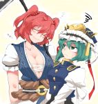  2girls blush breasts cleavage closed_eyes green_eyes green_hair hair_bobbles hair_ornament hat iroyopon long_sleeves multiple_girls onozuka_komachi redhead ribbon scythe shiki_eiki short_hair short_sleeves sleeping sleepy touhou twintails 