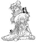  15001500 1girl butterfly flower frills glasses hat lineart long_hair looking_at_viewer monochrome original rose sitting solo witch_hat 