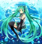  1girl boots bubble detached_sleeves green_eyes green_hair hatsune_miku headset long_hair looking_back necktie skirt solo thigh-highs thigh_boots twintails very_long_hair vocaloid 