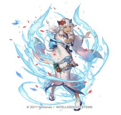  1girl anbe_yoshirou animal_ears ash_(fire_emblem) ash_(new_year)_(fire_emblem) breasts confetti cow_ears cow_horns cow_tail dark-skinned_female dark_skin fire_emblem fire_emblem_heroes flower full_body fur_trim glowing gradient_background gradient_clothes hagoita hair_ornament holding horns japanese_clothes kimono long_hair medium_breasts obi official_art open_mouth paddle sandals sash sidelocks smile solo tabi tail white_background white_hair wide_sleeves yellow_eyes zouri 