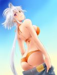  1girl ass bikini blue_eyes breasts butt_crack grey_hair halterneck heterochromia jeans lavolpe_(yagisaka_seto) lowleg lowleg_bikini orange_bikini pants swimsuit tagme undressing violet_eyes yagisaka_seto 