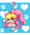  1girl animal_costume animal_ears bent_over blonde_hair blue_eyes blush breasts cat_costume cat_ears cat_tail crown earrings jewelry large_breasts nintendo open_mouth princess_peach short_hair sigurdhosenfeld smile solo super_mario_bros. tail 