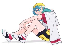  1girl blue_eyes blue_hair from_side full_body hat highres ittumozzz jacket jacket_on_shoulders kris_(pokemon) looking_at_viewer pokemon pokemon_gsc red_shirt shirt shoes short_sleeves shorts sitting solo twintails white_background white_jacket yellow_hat yellow_shorts 