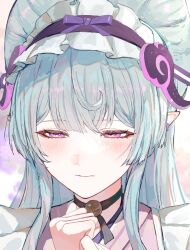  1girl apron black_choker blue_hair blush choker closed_mouth commentary_request frilled_apron frilled_hairband frills genshin_impact hair_between_eyes hairband half-closed_eyes highres koumimi long_hair nihongami pink_eyes pointy_ears simple_background solo upper_body white_apron yumemizuki_mizuki 