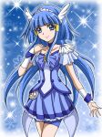  1girl aoki_reika bike_shorts blue_background blue_dress blue_eyes blue_hair breasts choker cure_beauty dress eyelashes hair_tubes hanzou head_wings long_hair magical_girl open_mouth precure shorts_under_skirt skirt smile smile_precure! snowflakes solo tiara wrist_cuffs 