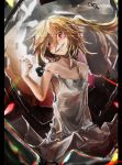  1girl absurdres blonde_hair border clenched_hand crushing dress flandre_scarlet grin head_tilt highres lens_flare messy_hair osama pillarboxed red_eyes short_hair side_ponytail smile solo strap_slip touhou wings 