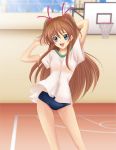  1girl basketball_court basketball_hoop blue_eyes blush breasts brown_hair buruma clouds gym gym_uniform highres houjou_hibiki hyong long_hair open_mouth precure ribbon sky smile suite_precure sunlight twintails window 