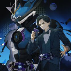  0e0n0_2 armor black_hair blue_eyes bow bowtie english_commentary highres holding kamen_rider kamen_rider_geats_(series) kamen_rider_ziin male_focus rider_belt shirt short_hair suit upper_body white_armor white_shirt ziin_(kamen_rider_geats) 
