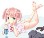  1girl ass barefoot clothes_removed cup drink feet food gray_skirt green_eyes hair_flower ice_cream legs lying n.g. on_stomach open_shirt panties pink_bra pink_hair pink_panties pink_shirt pleated_skirt shirt short_hair skirt skirt_removed soles solo straw toes twintails underwear 