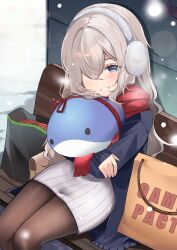  1girl bag bench black_coat blue_eyes blush brown_hair brown_pantyhose closed_mouth coat commentary dress earmuffs english_commentary from_above gift grin hair_between_eyes hair_over_one_eye headphones highres holding holding_stuffed_toy hugging_object jacket long_hair long_sleeves looking_at_viewer on_bench original pantyhose pillow red_scarf ribbed_dress ry_thae scarf shopping_bag sitting skirt sleeves_past_wrists smile snow snowing solo stuffed_animal stuffed_toy stuffed_whale white_dress winter winter_clothes winter_coat 