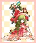  1girl animal_ears butterfly colored dress flower frills glasses green_eyes green_hair hat long_hair looking_at_viewer original rose sitting solo witch_hat yume_shokunin 