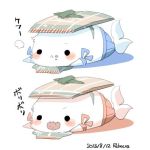  blush character_request dated eating food hat lowres no_humans rebecca_(keinelove) ribbon signature simple_background solid_circle_eyes tail white_background 
