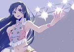  1girl blue_hair blush brown_eyes hand_on_own_chest idolmaster kisaragi_chihaya long_hair looking_at_viewer midriff navel open_mouth outstretched_arm smile solo yuura 