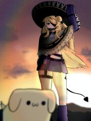  1girl absurdres animal_ears backlighting baggy_socks blonde_hair cerber_(vtuber) cosplay demon_tail dog_ears dog_girl emi_thor eyepatch hat highres indie_virtual_youtuber metal_gear_(series) mountainous_horizon one_eye_covered poncho purple_skirt purple_socks raiden_(metal_gear) raiden_(metal_gear)_(cosplay) red_eyes skirt socks sombrero standing tail 