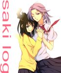  2girls cardigan holding_hands hug kajiki_yumi multiple_girls necktie pclbang purple_hair saki touyoko_momoko wink 