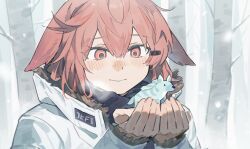  1girl absurdres animal animal_ears arknights bare_tree blush chinese_commentary commentary_request crownslayer_(arknights) dopperu_ben fur-trimmed_jacket fur_trim hands_up highres holding holding_animal hyena jacket looking_down red_eyes red_hair short_hair sky smile snow solo tree upper_body white_jacket white_sky 