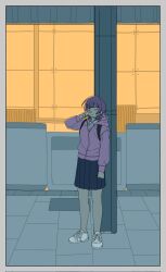  1girl against_pillar collared_shirt commentary_request crying crying_with_eyes_open dress_shirt fujii_ayame full_body furrowed_brow futsuu_no_keion-bu hand_up highres hood hooded_jacket jacket long_sleeves pink_jacket pleated_skirt school_uniform shirt shoes skirt sneakers solo standing streaming_tears tears train_station train_station_platform tsumitobat79121 white_shirt white_shoes wiping_tears wolf_cut 