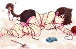  1boy androgynous animal_ears ass axis_powers_hetalia blush brown_eyes brown_hair cat_ears cat_tail fish japan_(hetalia) male on_side short_hair shorts solo tail wrapped_up yarn 