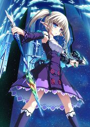  1girl armpits blue_eyes buttons clouds collarbone detached_sleeves dress dual_wielding from_below gun highres original pointy_ears silver_hair solo sword tenmaso twintails weapon 